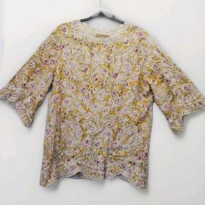 Solitaire L Blouse Yellow Floral Embroidered Boho Peasant Cottagecore 3/4 Sleeve